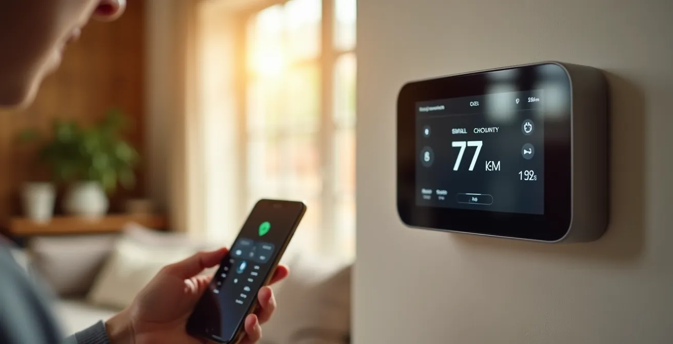Thermostat intelligent sur mur montrant température et contrôle à distance via smartphone intégré à l'ambiance intérieure chaleureuse.