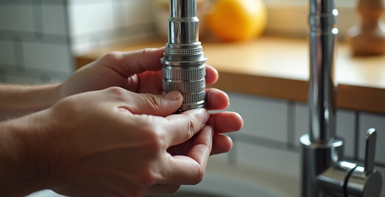 Gros plan sur l'installation d'un aérateur sur un robinet de cuisine