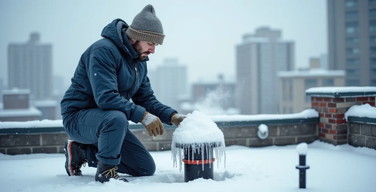 Évent de plomberie sur un toit montréalais bloqué par le givre en hiver