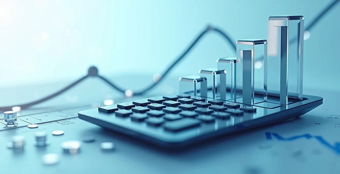 Calculatrice moderne entourée de graphiques montrant la courbe de rentabilité d'une thermopompe