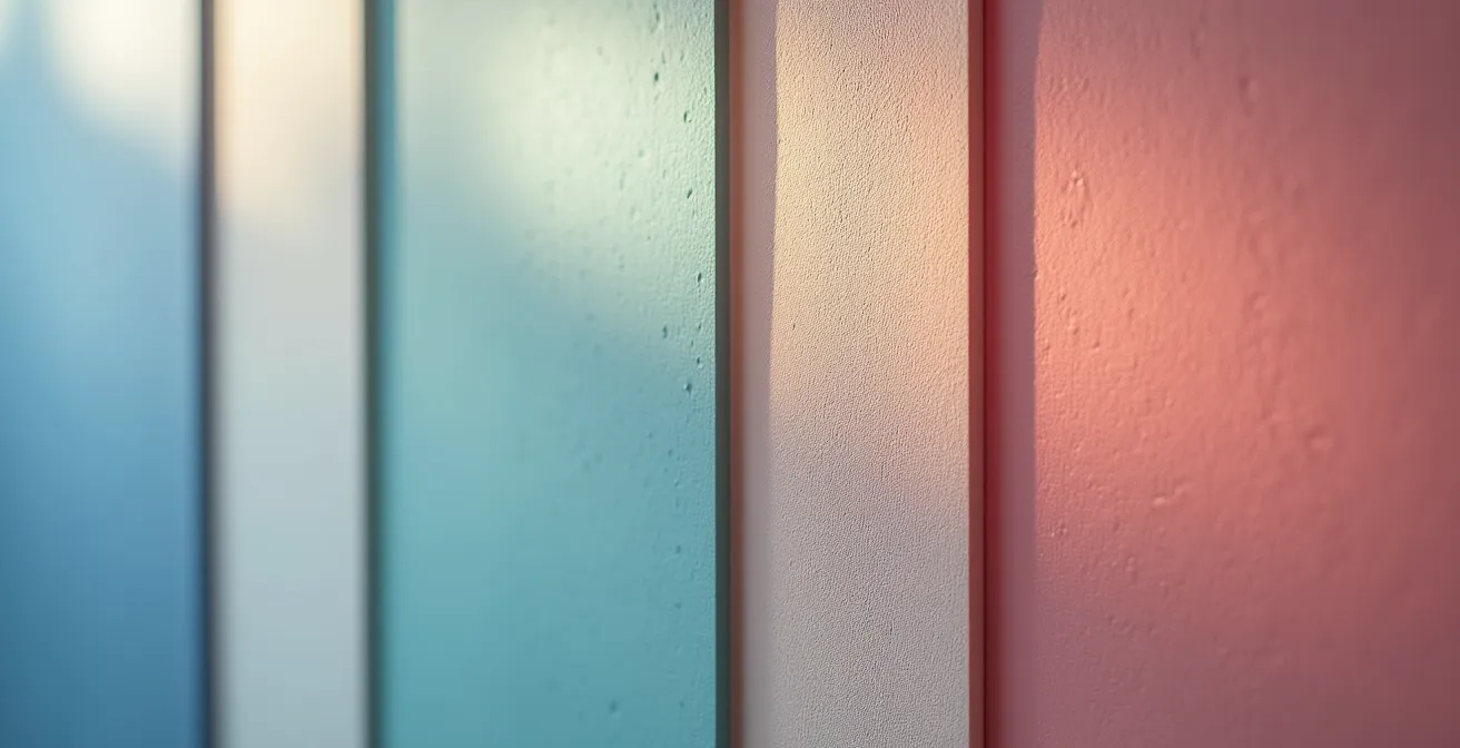 Échantillons de peinture avec différents finis sous éclairage naturel