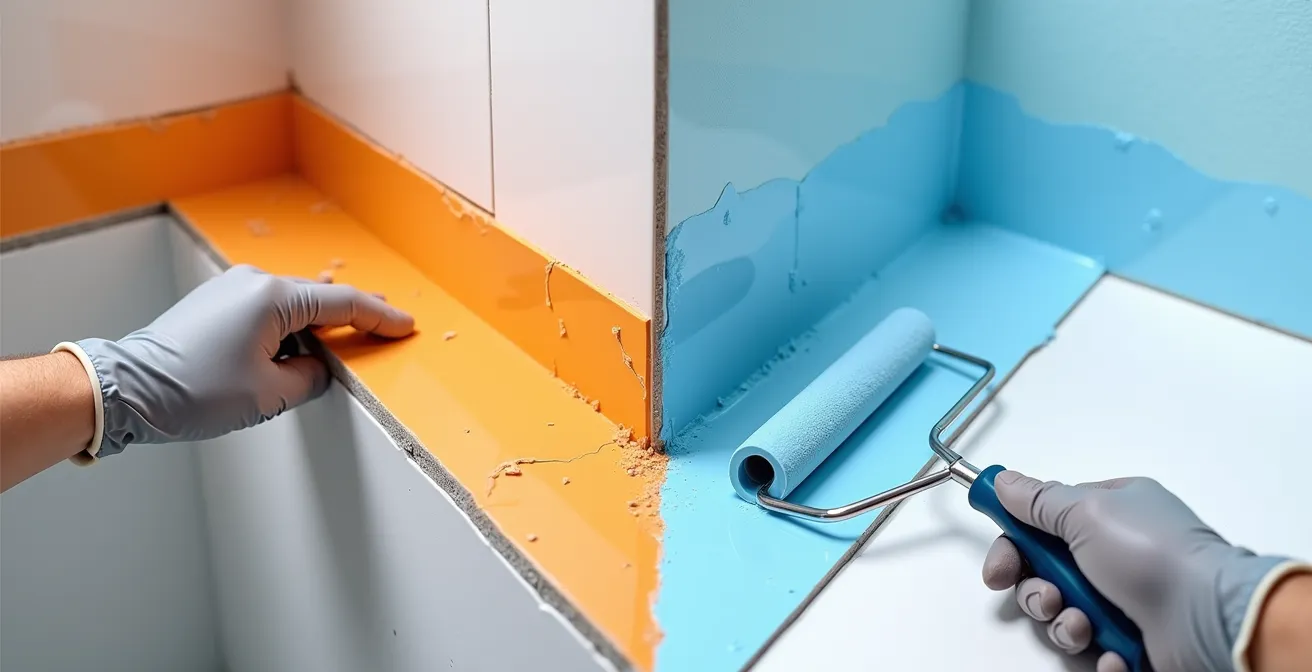 Comparaison visuelle entre application de membrane liquide et installation de membrane en feuille dans une douche