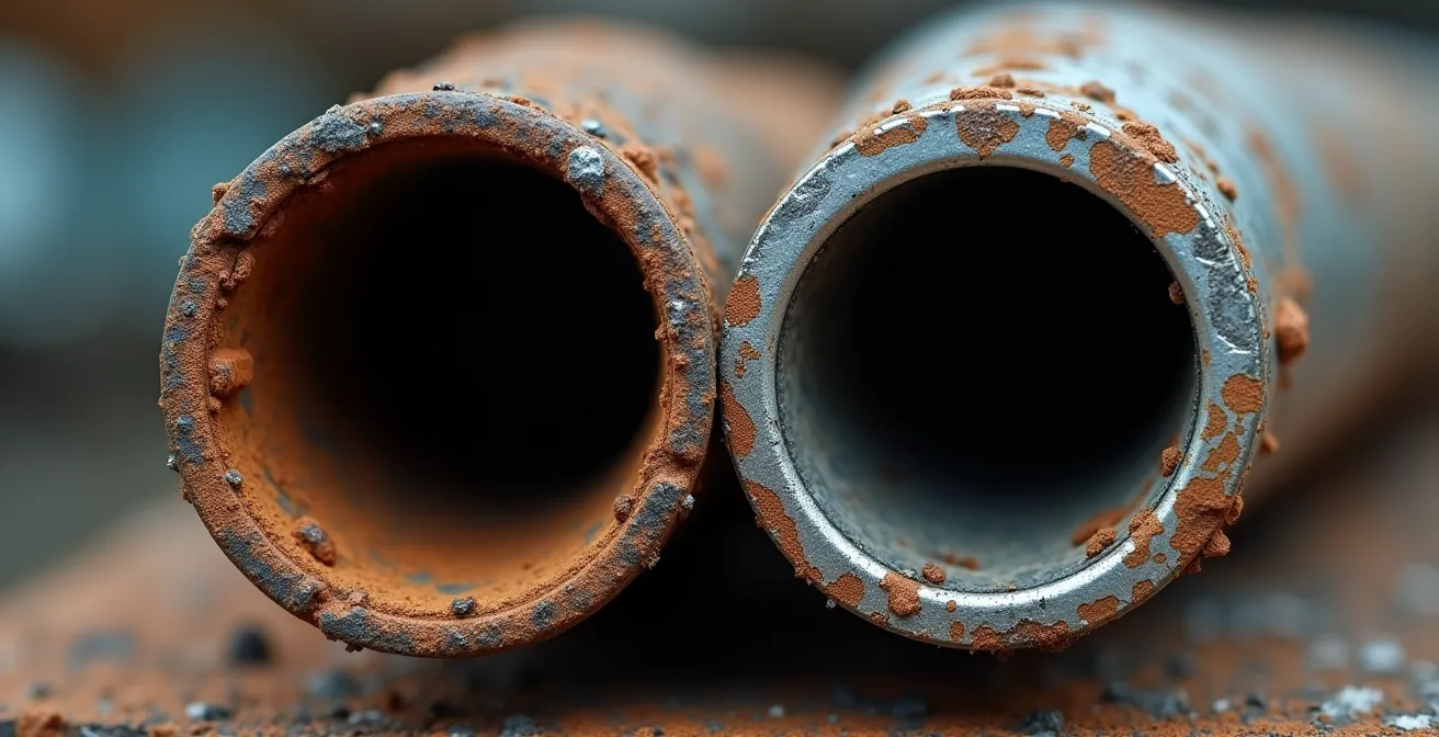 Gros plan comparatif d'une section de tuyau en fonte corrodée à côté d'un tuyau neuf
