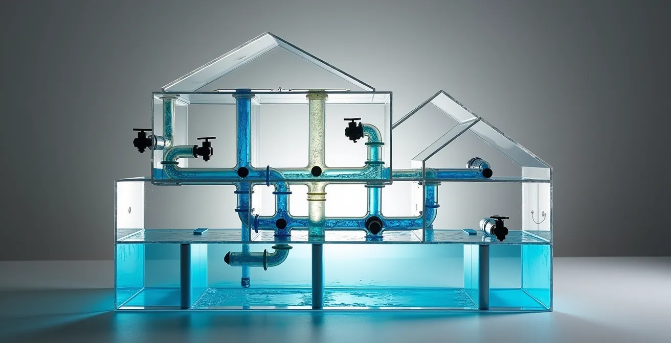 Vue en coupe d'un système complet d'évacuation dans un triplex montréalais typique