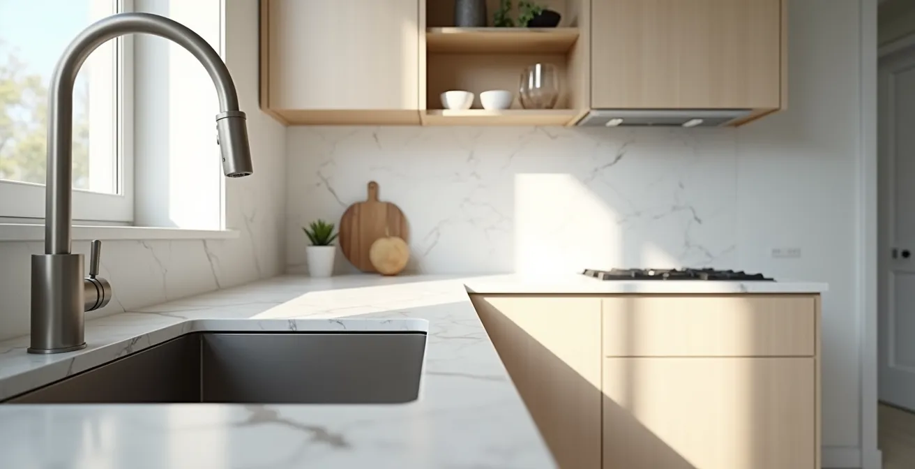 Vue de cuisine moderne montrant l'emplacement réglementaire des prises DDFT près de l'évier