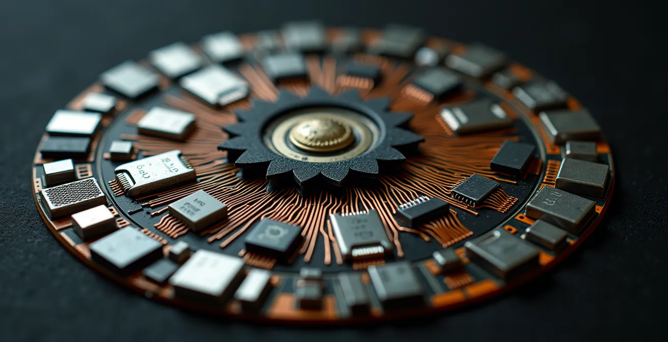 Vue macro de composants électroniques recyclés formant un motif circulaire symbolisant le cycle de vie