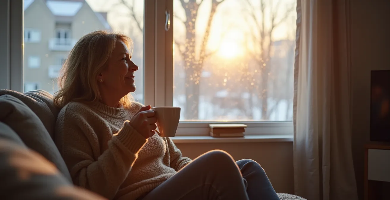 Maison québécoise moderne en hiver avec système de protection d'eau invisible mais suggéré