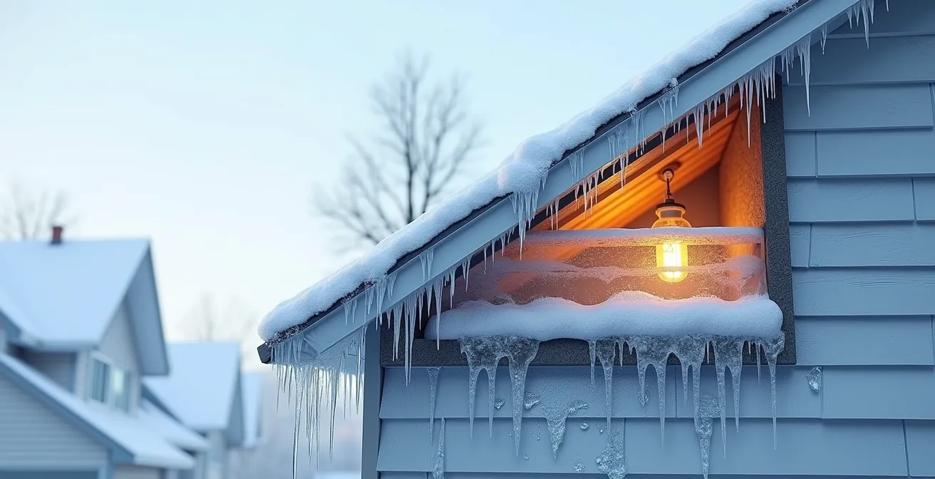 Coupe transversale d'un toit montrant la formation d'un barrage de glace et l'infiltration d'eau résultante