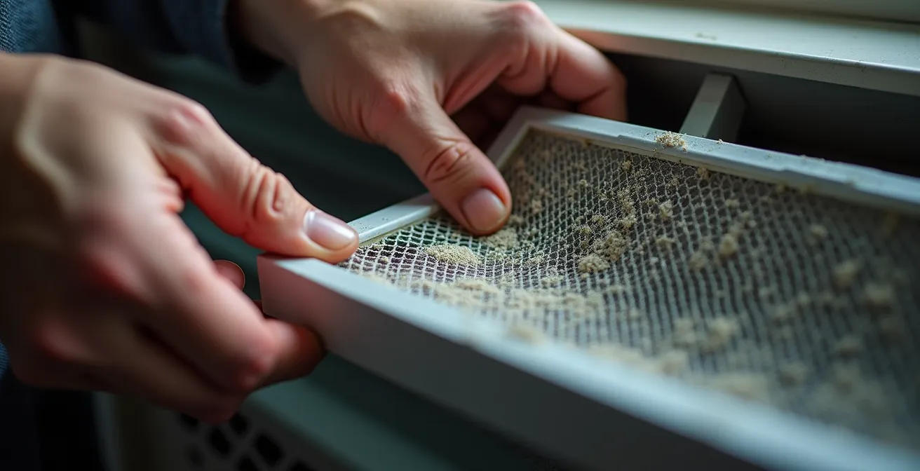 Gros plan sur les mains nettoyant le filtre d'une thermopompe murale