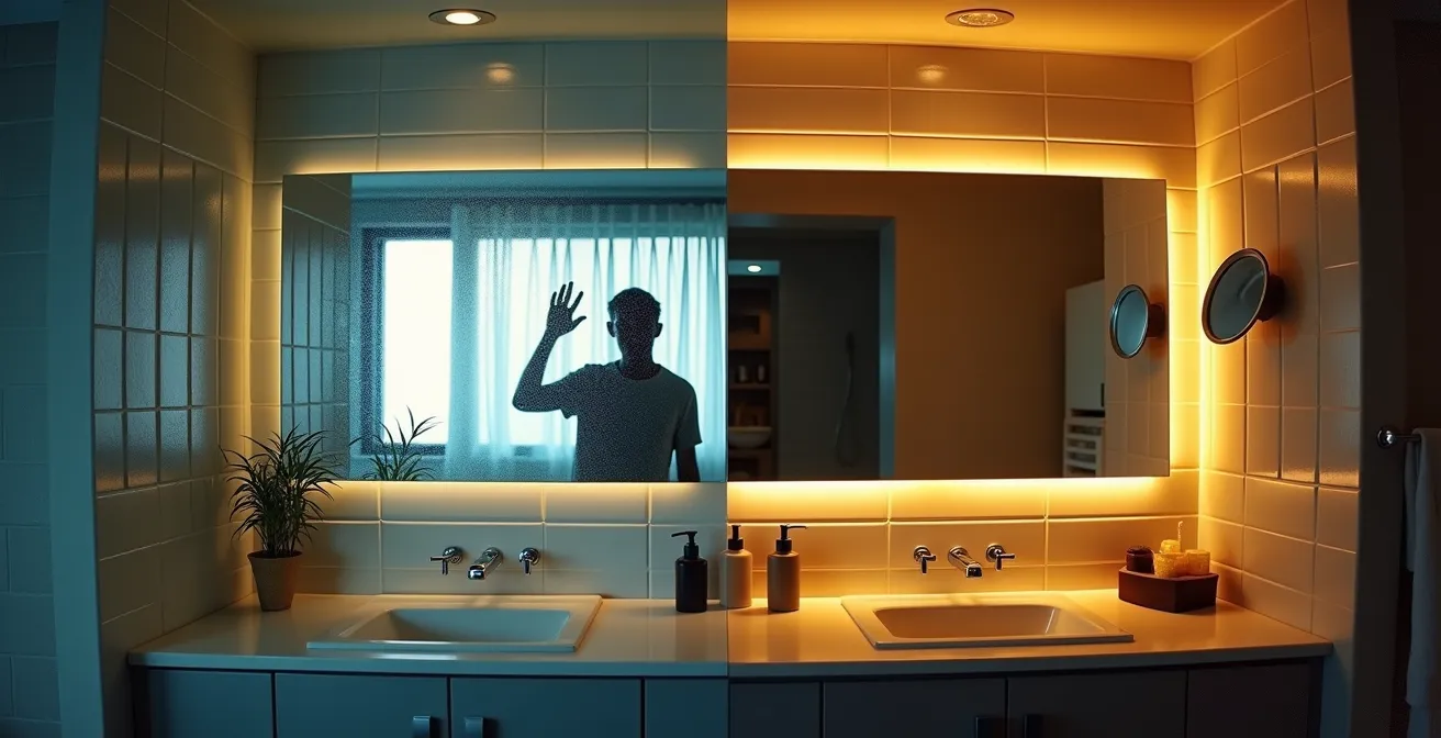 Comparaison visuelle d'une salle de bain mal ventilée avec condensation versus une salle de bain bien aérée avec éclairage adapté