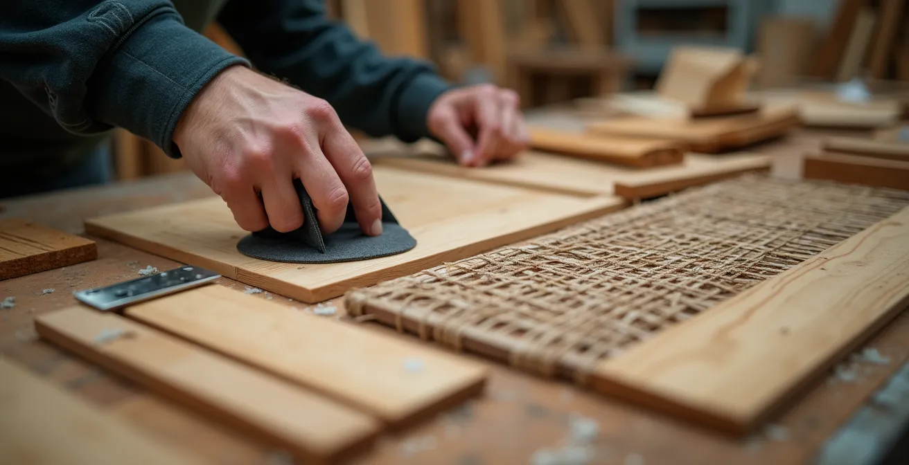 Matériaux et outils disposés pour la fabrication d'un paravent artisanal