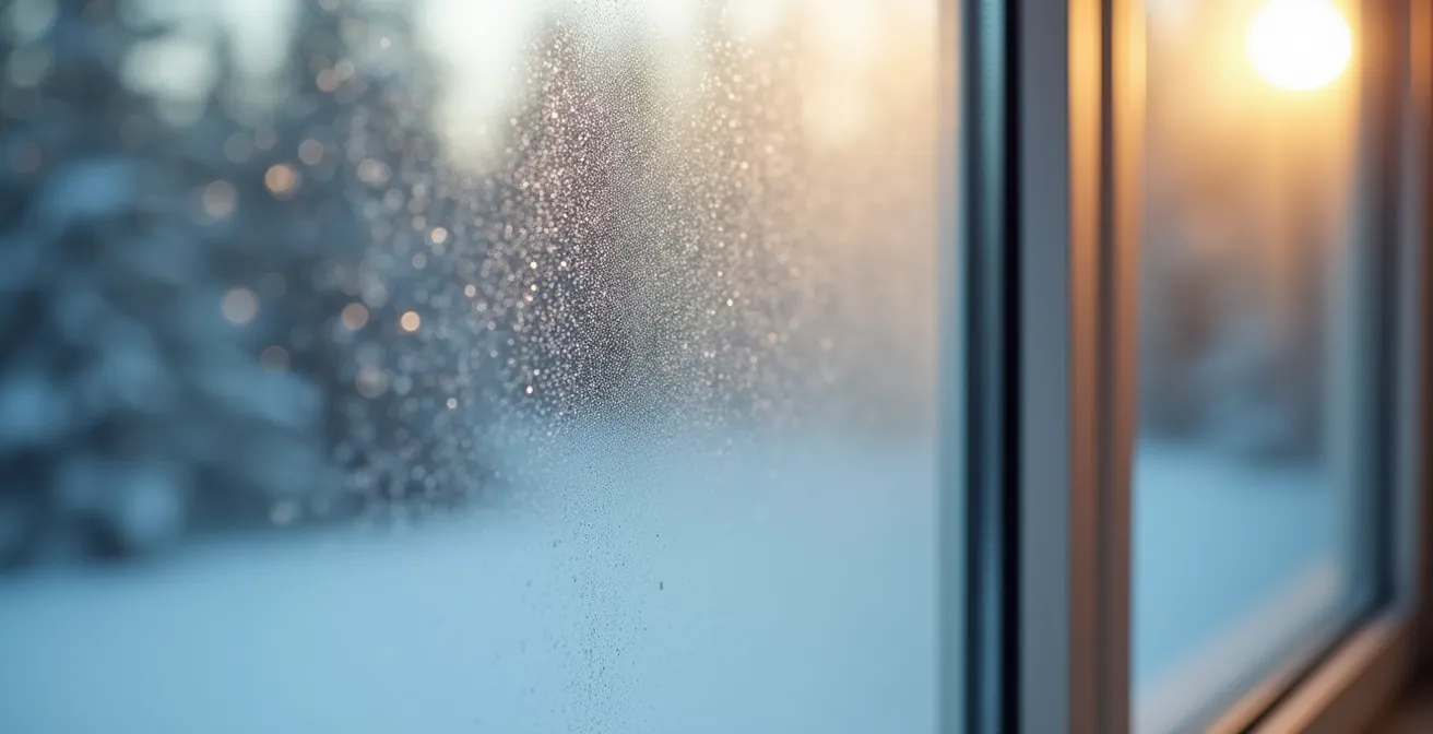 Gros plan sur une fenêtre double vitrage moderne avec condensation visible montrant l'efficacité thermique