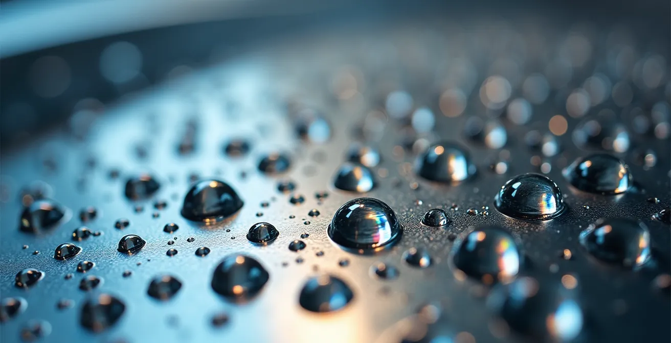 Gros plan macro sur des gouttelettes d'eau sur une surface métallique avec reflets arc-en-ciel