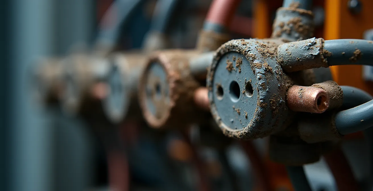 Gros plan sur un panneau électrique avec des signes visuels d'usure à vérifier