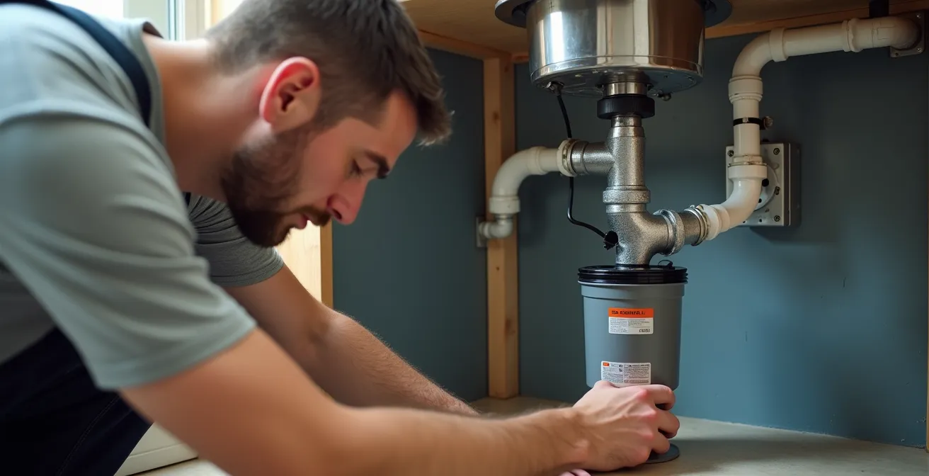 Vue sous l'évier montrant l'installation d'un broyeur à déchets avec connexions électriques et plomberie