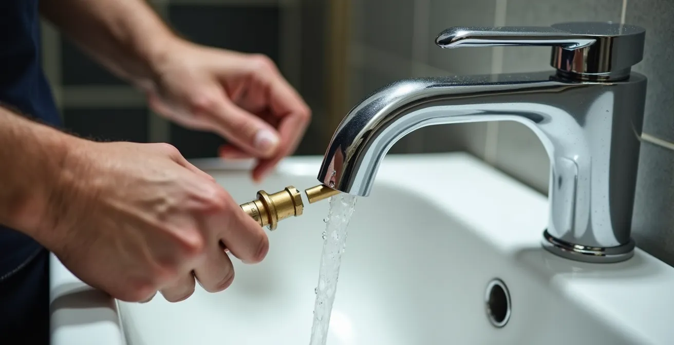 Gros plan sur l'installation professionnelle d'un lavabo vasque moderne avec robinetterie design dans une salle de bain contemporaine