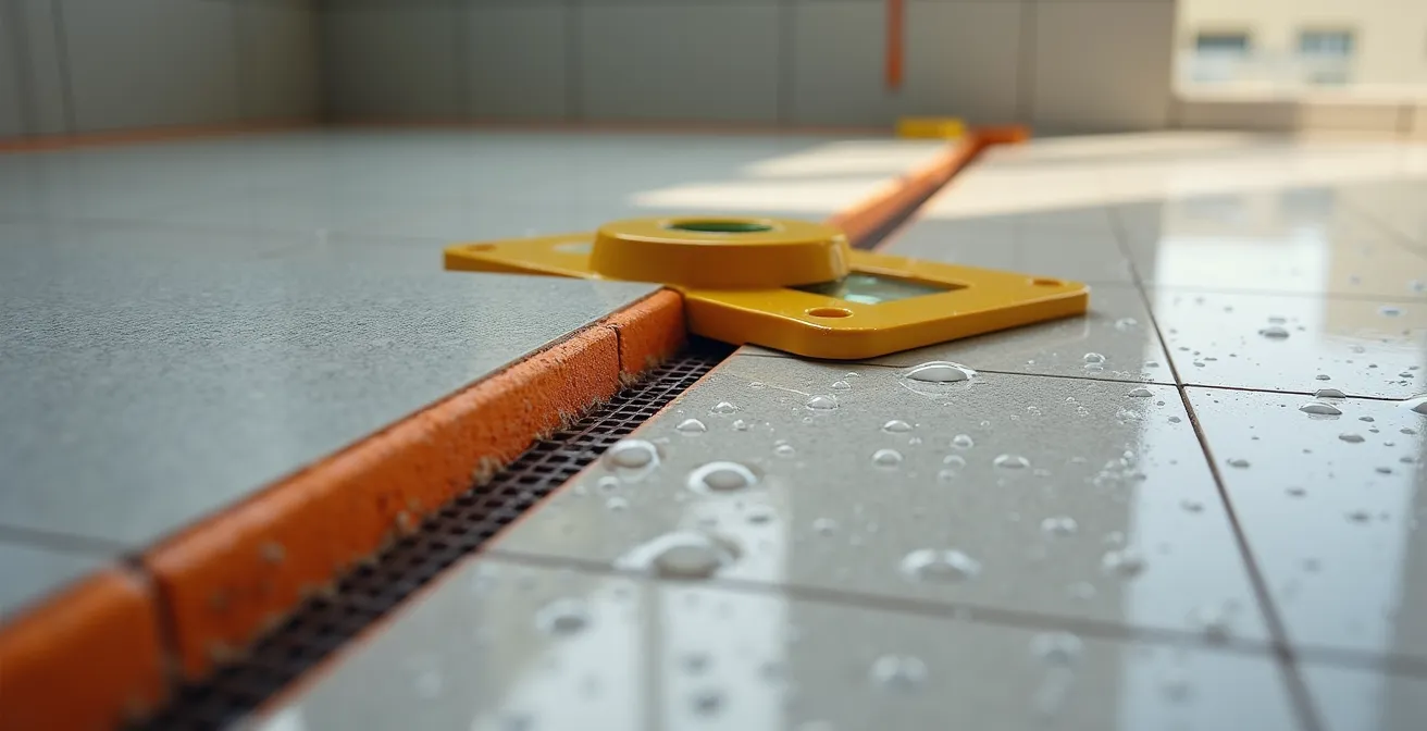 Vue en coupe d'une douche à l'italienne montrant la pente et le système d'évacuation