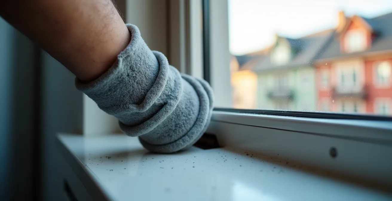 Gros plan sur l'installation d'un tuyau de climatiseur portable dans une fenêtre, montrant une bonne étanchéité.