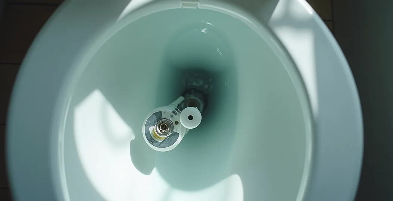 Vue détaillée de l'intérieur d'un réservoir de toilette montrant le mécanisme de chasse d'eau et les composants