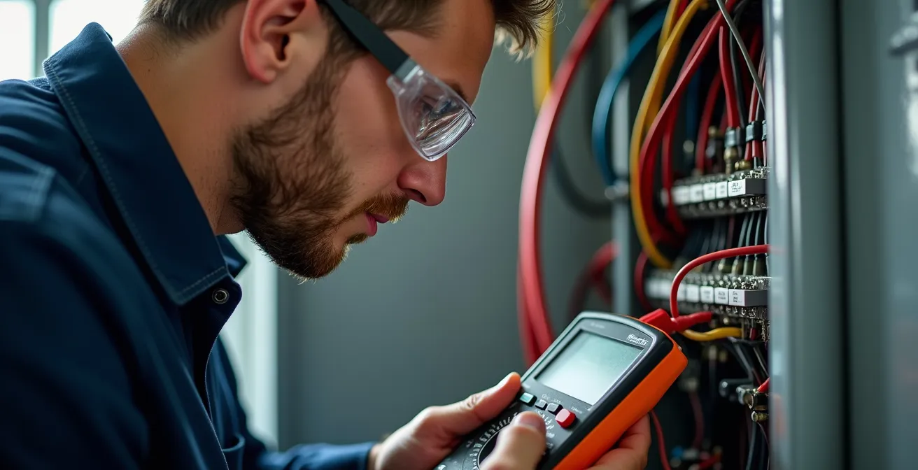 Électricien québécois utilisant un multimètre pour tester un panneau électrique dans une maison, méthode de diagnostic par zones