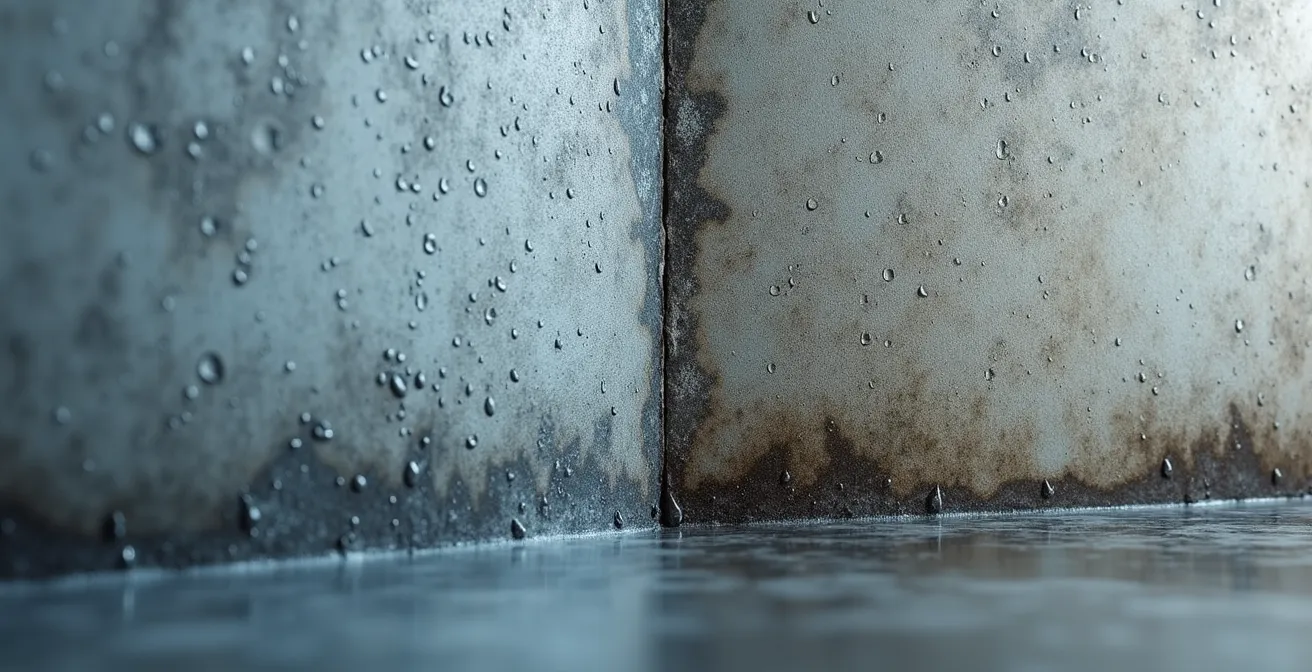 Comparaison visuelle entre moisissure de condensation et d'infiltration dans un sous-sol québécois