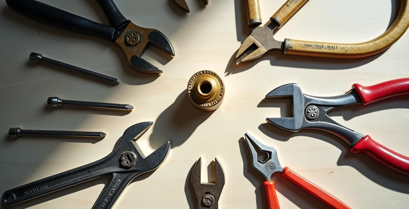 Arrangement d'outils de plomberie essentiels pour réparer un robinet
