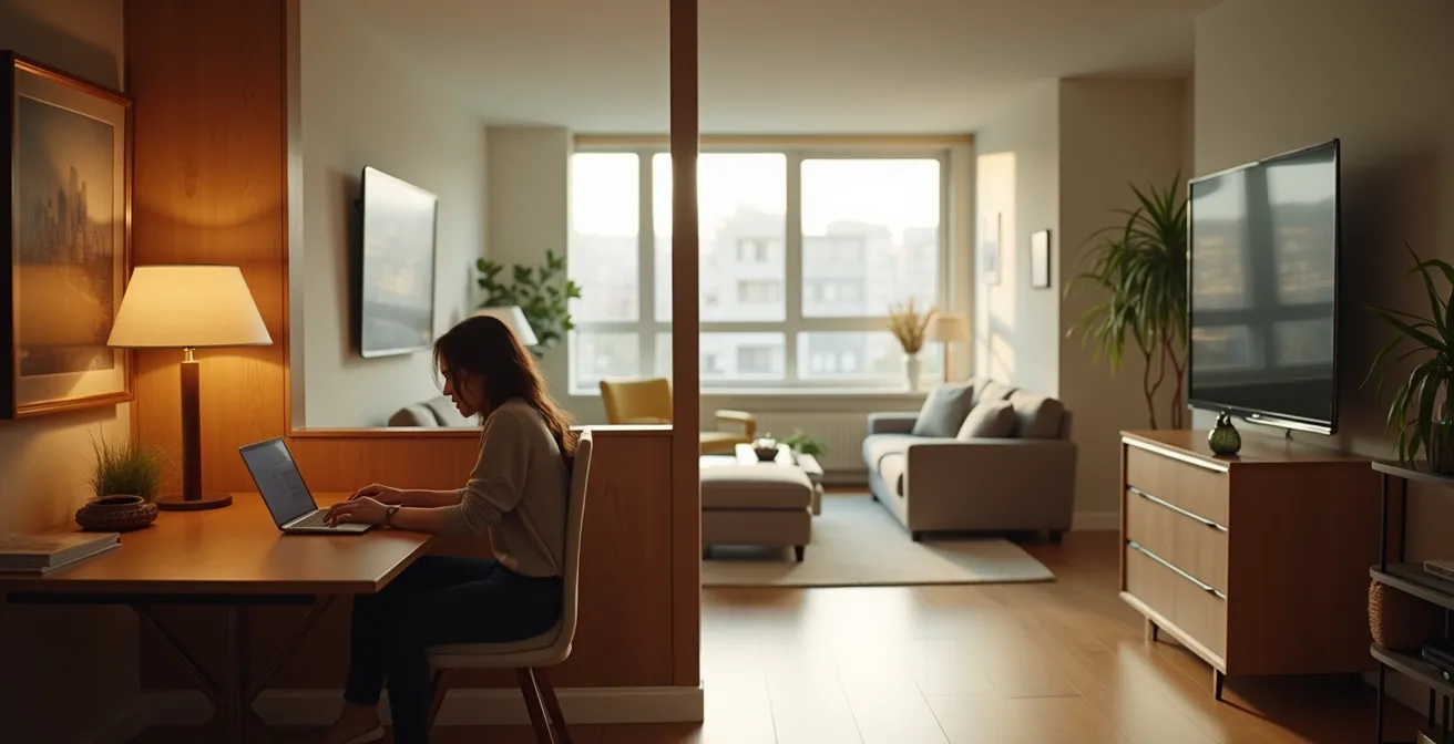 Salon montréalais avec panneau décoratif créant une séparation subtile entre coin bureau et espace détente