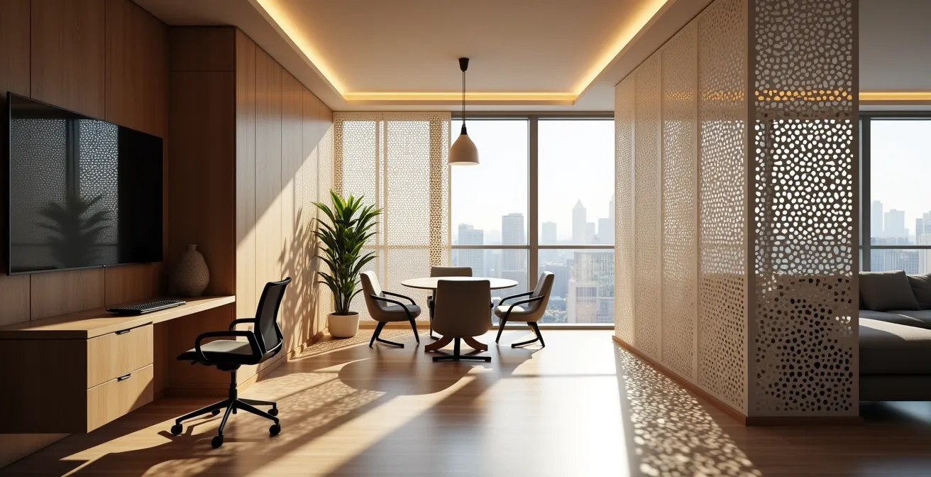 Espace de télétravail délimité par des panneaux suspendus dans un condo lumineux