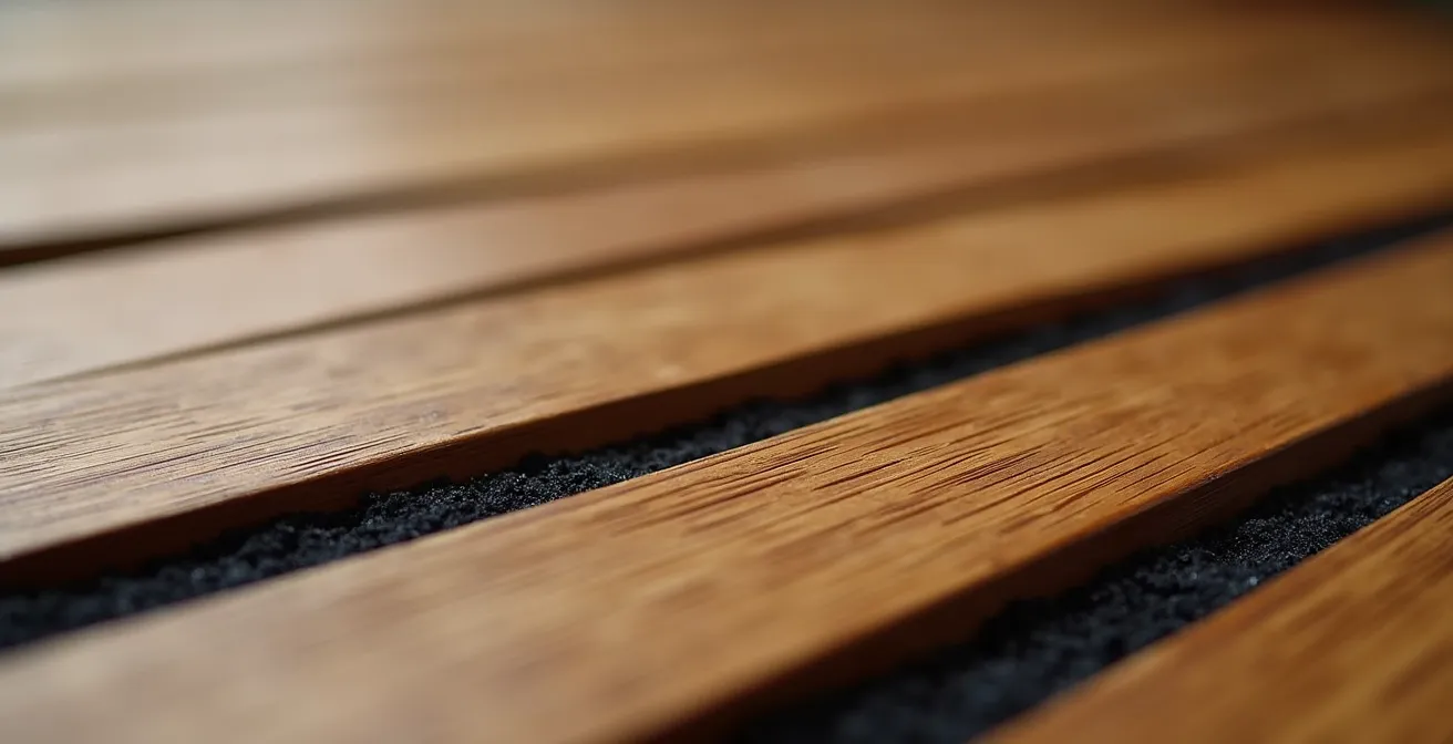 Détail macro de tasseaux de bois avec feutre acoustique noir montrant la texture et l'espacement