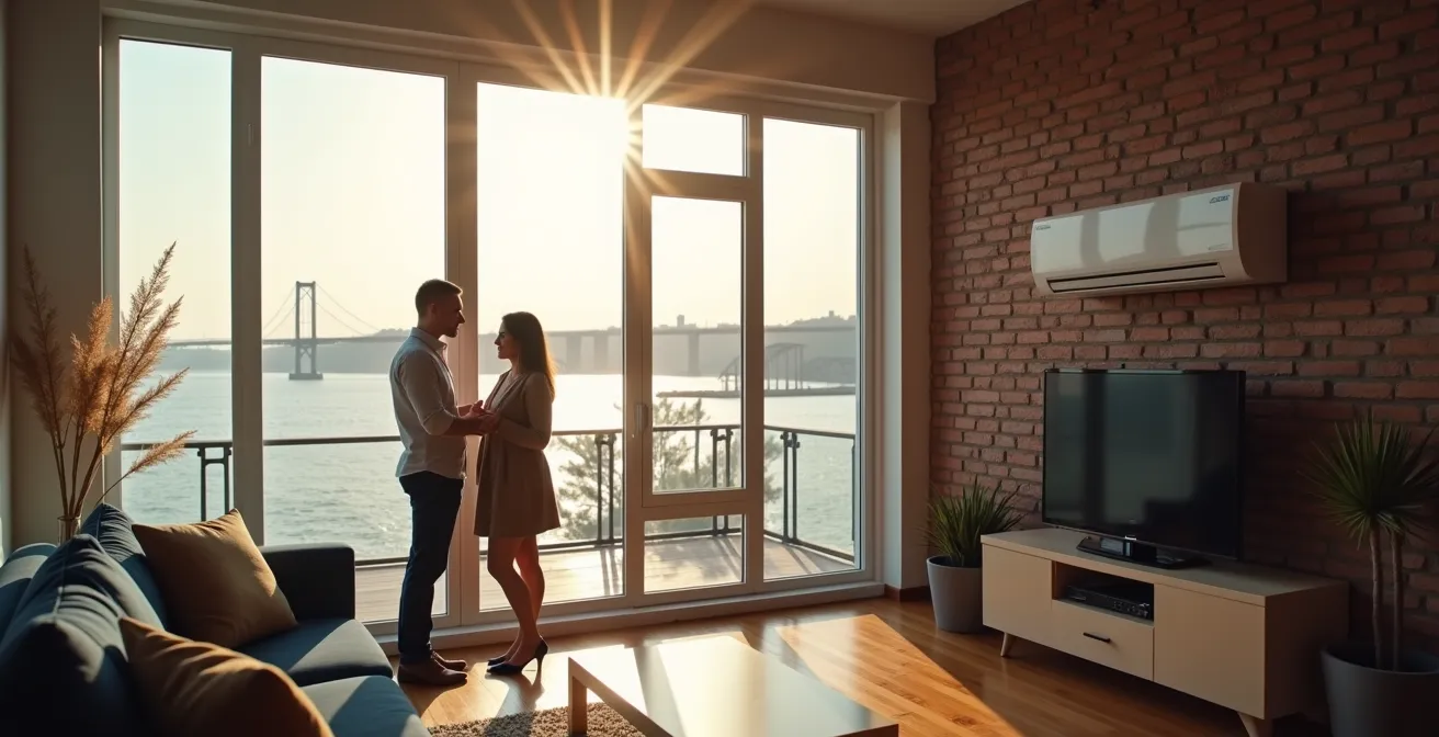 Vue intérieure d'un condo montréalais montrant le placement stratégique d'une thermopompe murale