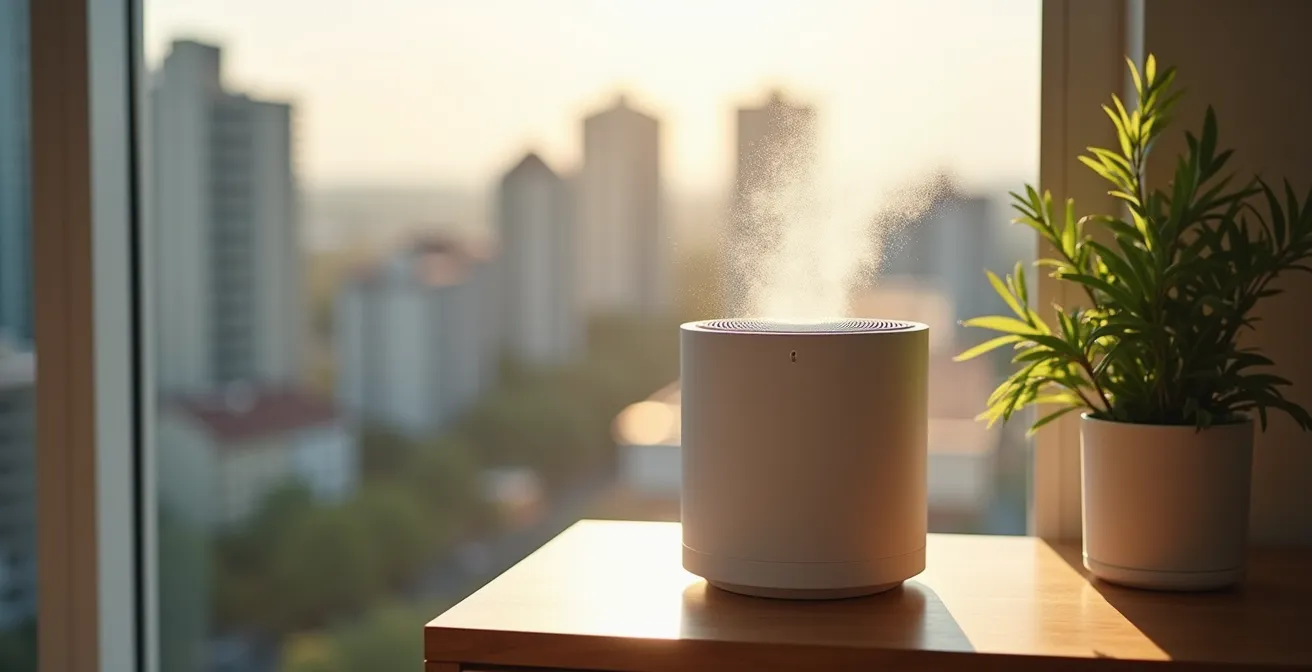 Purificateur d'air moderne dans un salon québécois avec filtration HEPA en action