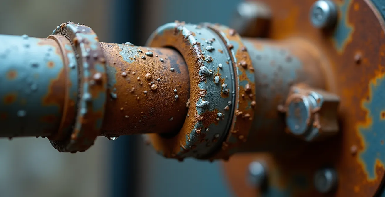 Gros plan sur les signes de corrosion et d'usure d'un chauffe-eau