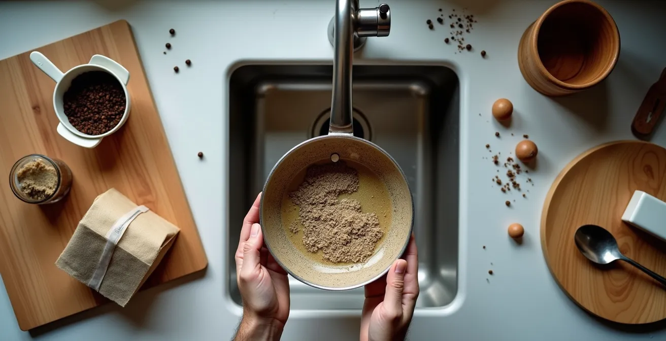 Vue aérienne d'un comptoir de cuisine avec divers contenants de produits ménagers sans étiquettes visibles