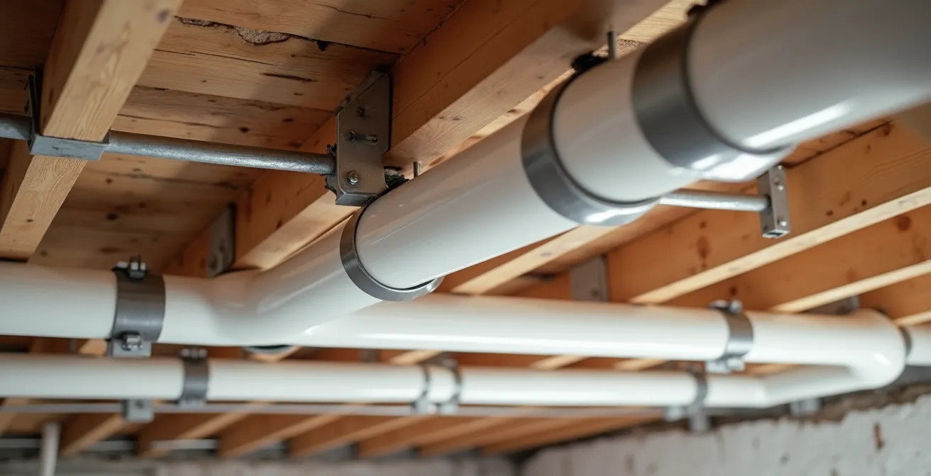 Installation correcte de supports pour tuyaux PVC fixés aux solives d'un sous-sol