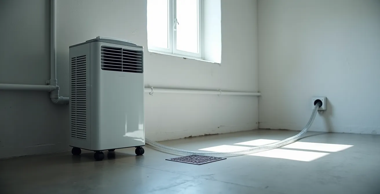 Vue d'ensemble d'un système de drainage continu pour climatiseur portable dans un sous-sol.