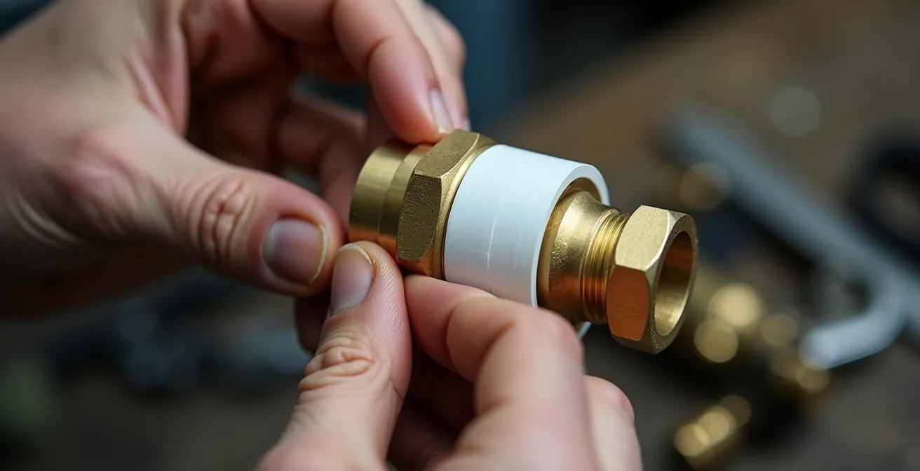 Gros plan sur des mains appliquant du ruban téflon sur un raccord de plomberie en laiton