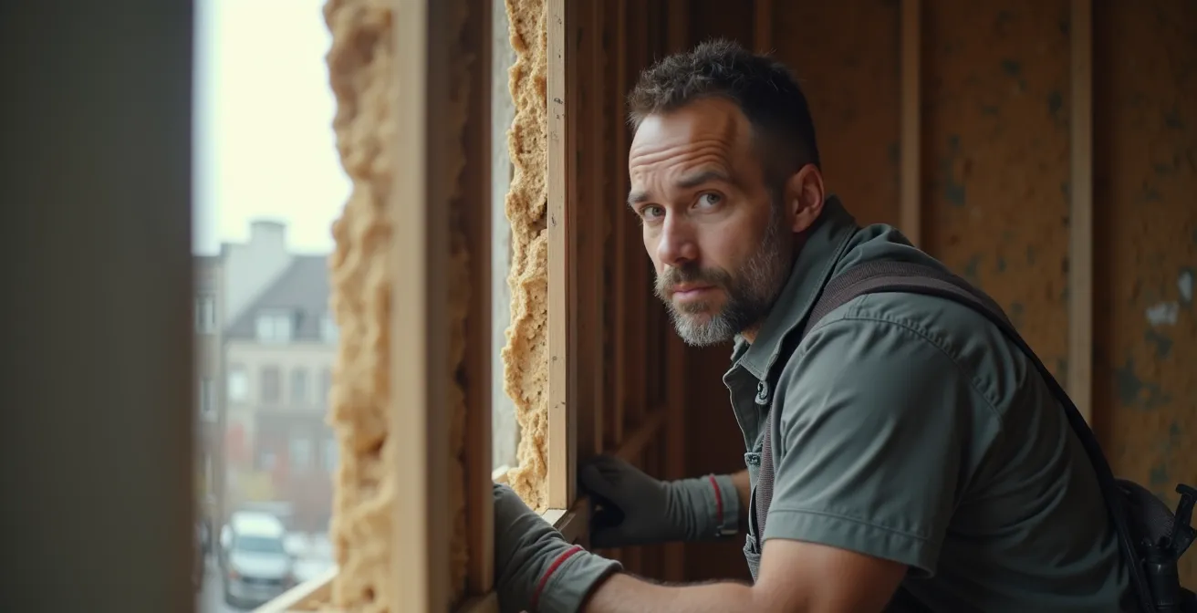 Vue latérale d'un triplex montréalais typique montrant les zones d'isolation prioritaires