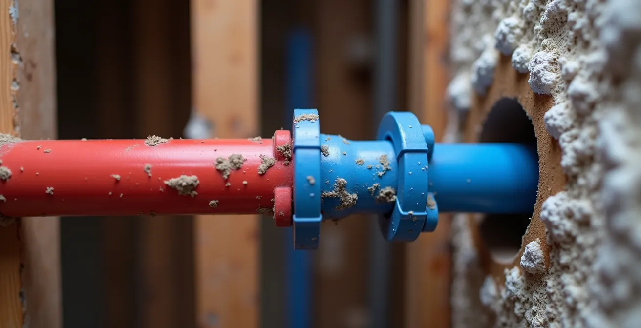 Gros plan sur des tuyaux PEX rouge et bleu flexibles serpentant à travers les structures d'un mur ancien