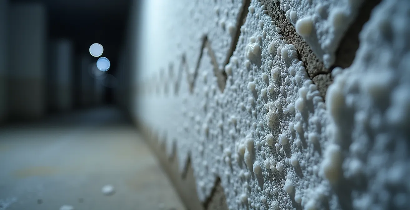 Traces de calcaire et d'efflorescence sur un mur de béton