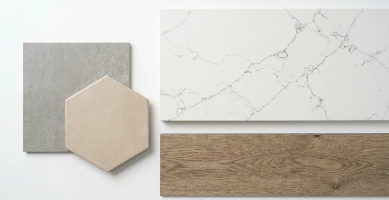 Échantillons de porcelaine céramique et quartz pour comparaison matériaux salle de bain