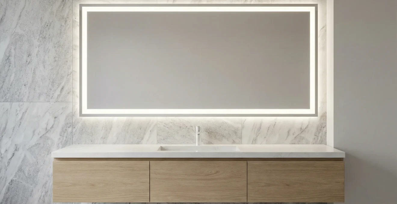 Miroir salle de bain avec éclairage LED intégré allumé dans ambiance moderne