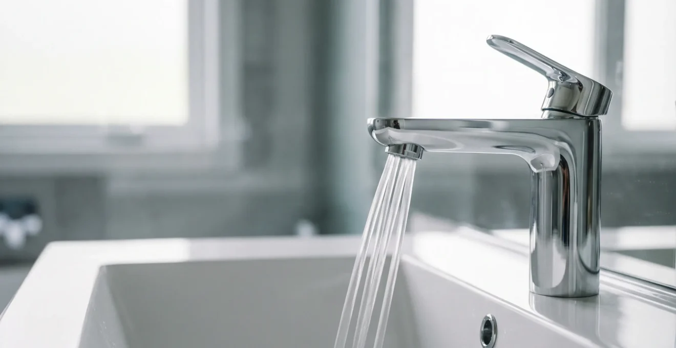 Robinet chrome moderne faible débit avec eau coulant dans évier salle de bain