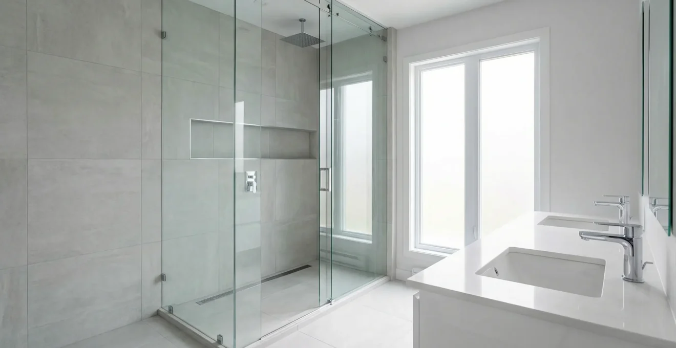 Salle de bain moderne rénovée avec douche vitrée et carrelage porcelaine grand format