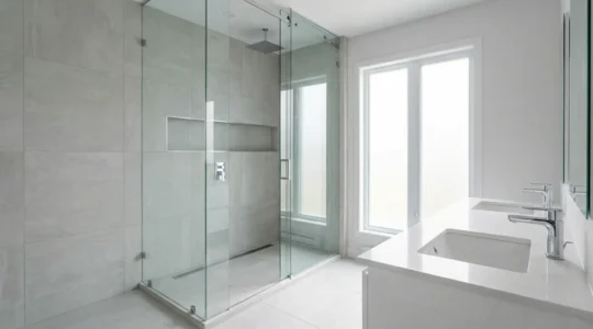 Salle de bain moderne rénovée avec douche vitrée et carrelage porcelaine grand format